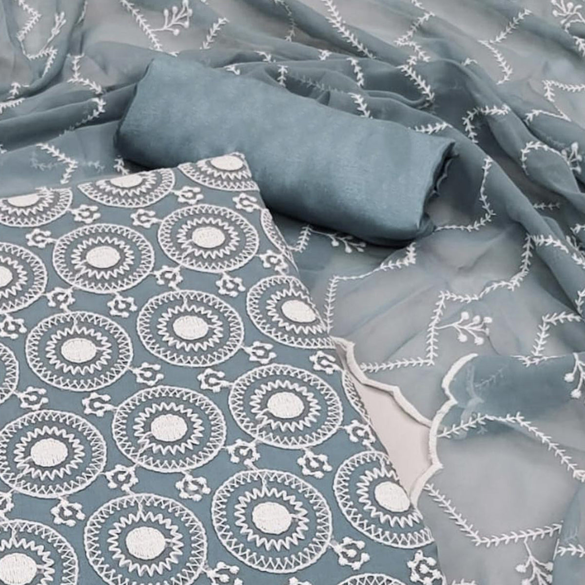 Grey Embroidered Georgette Dress Material
