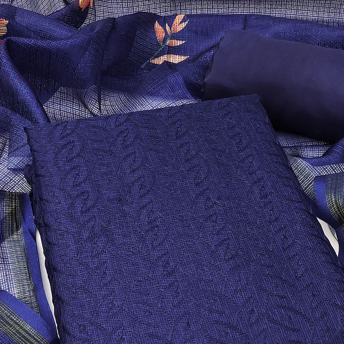 Blue Embroidered Kota Doria Dress Material