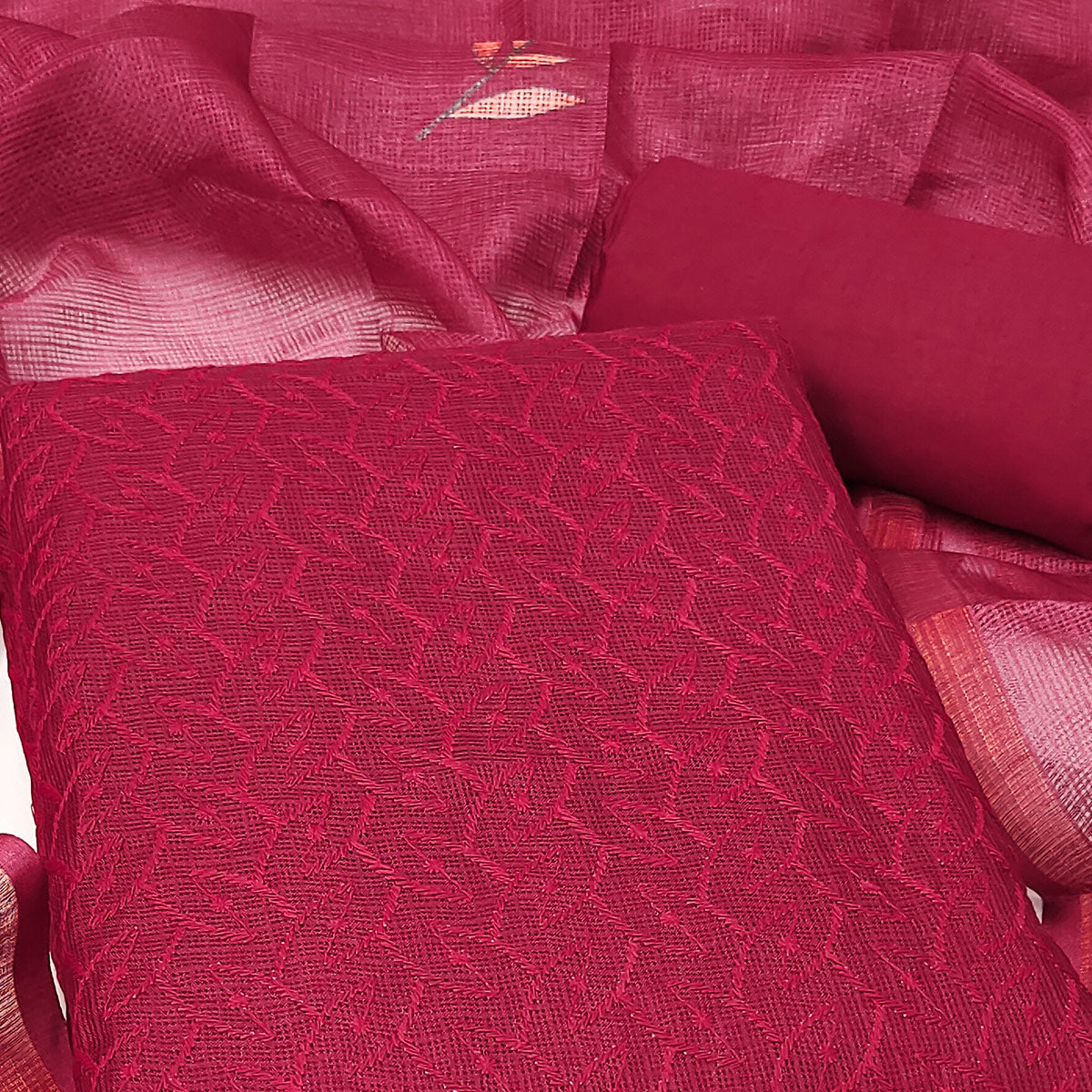 Dark Pink Embroidered Kota Doria Dress Material