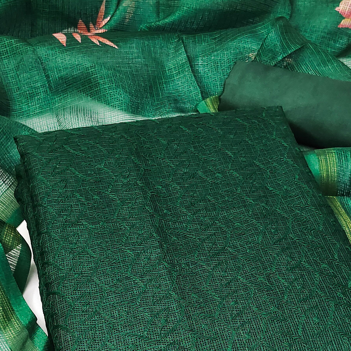 Green Embroidered Kota Doria Dress Material