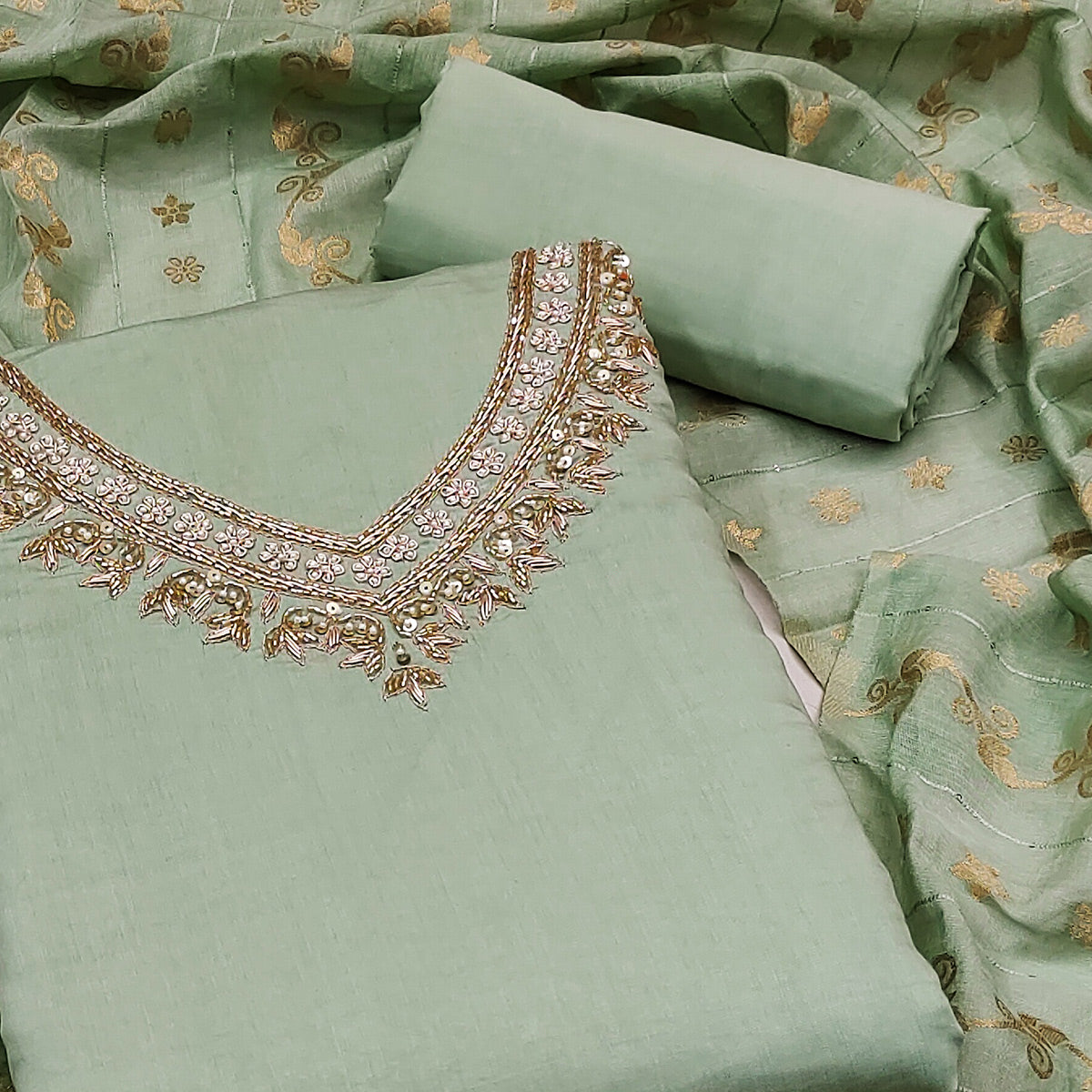 Green Beads Embroidered Viscose Dress Material