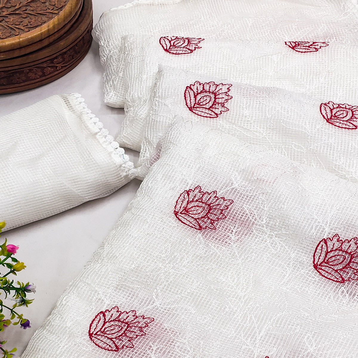 White Floral Embroidered Kota Doria Saree