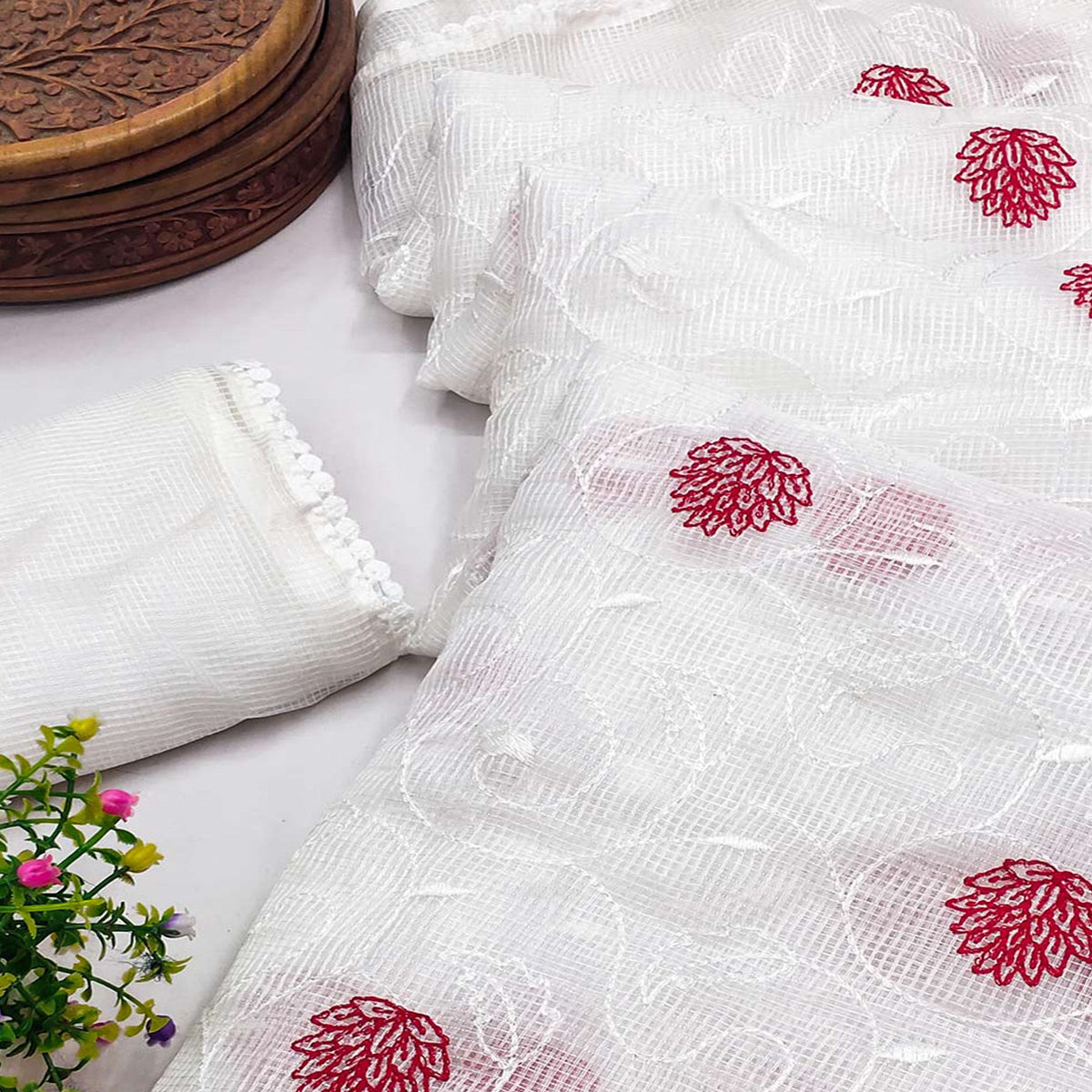 White Floral Embroidered Kota Doria Saree
