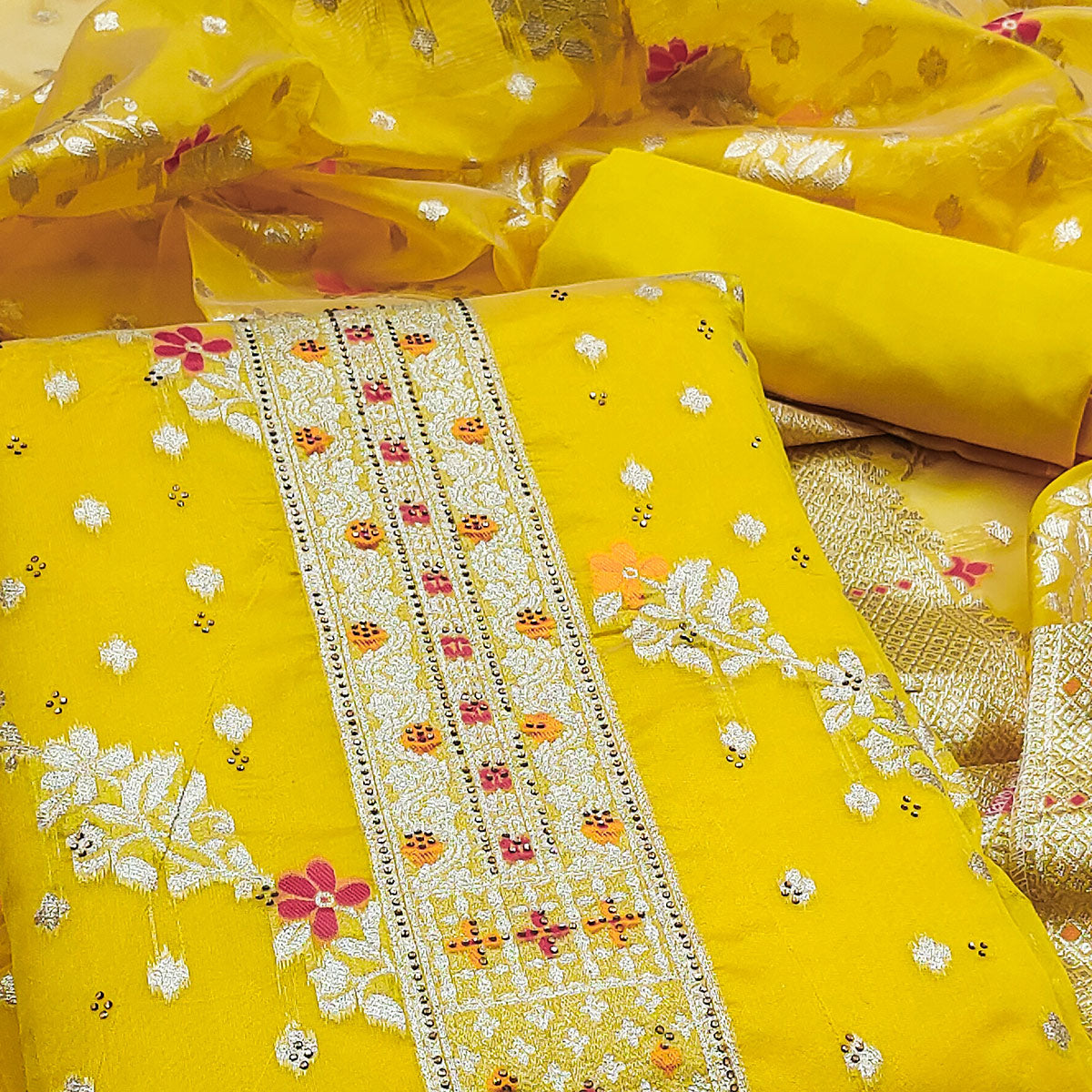 Yellow Zari Woven Banarasi Silk Dress Material