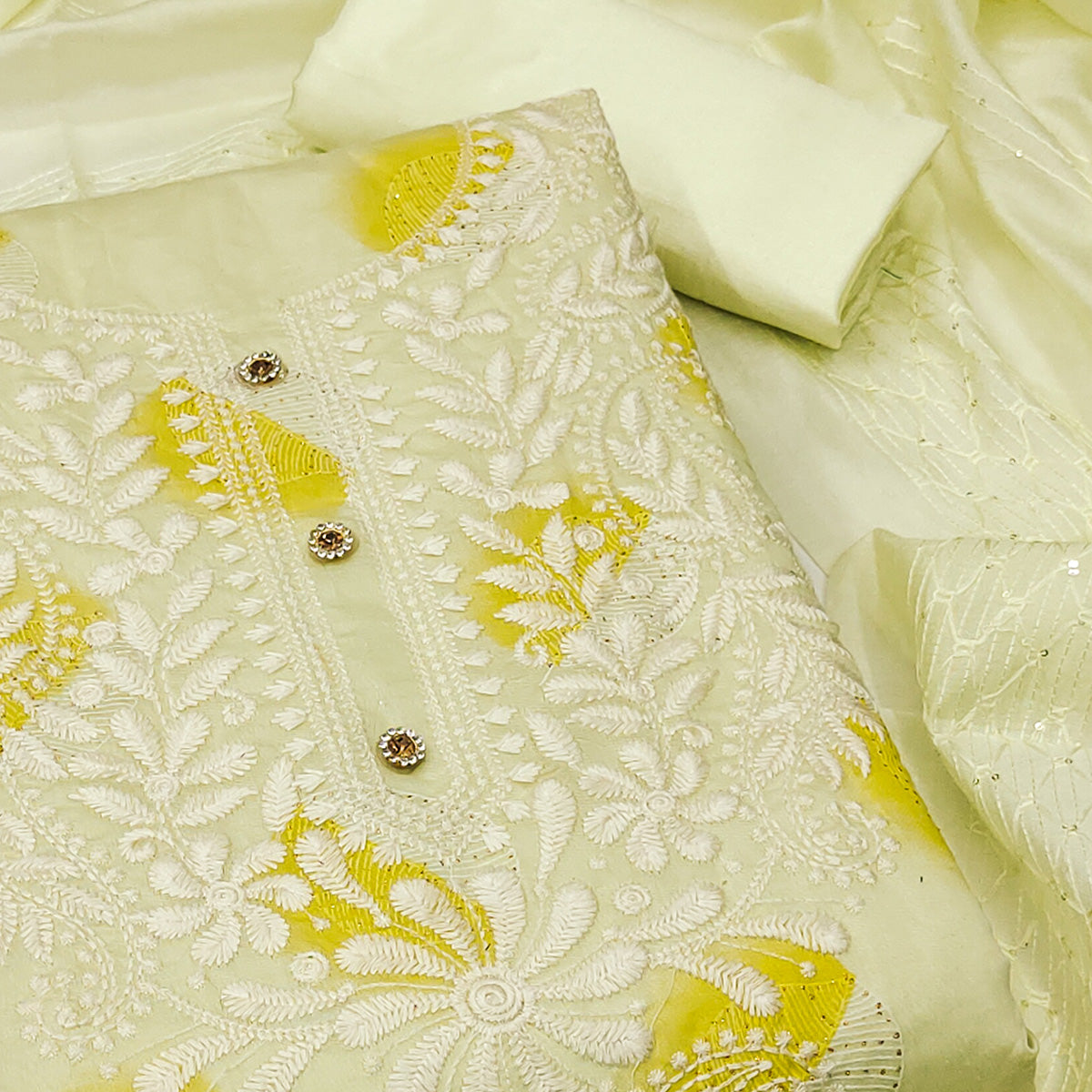 Light Yellow Embroidered Chanderi Dress Material