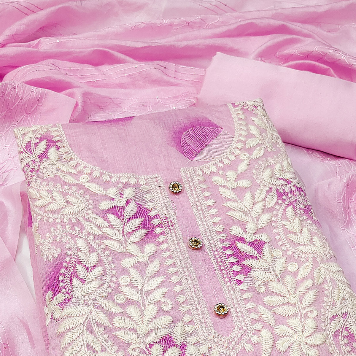 Pink Embroidered Chanderi Dress Material