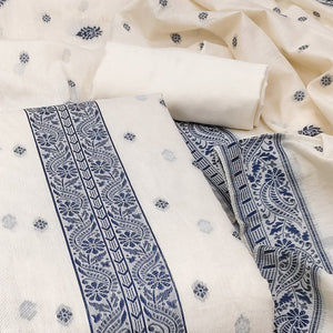 Off White & Navy Blue Woven Pure Cotton Dress Material