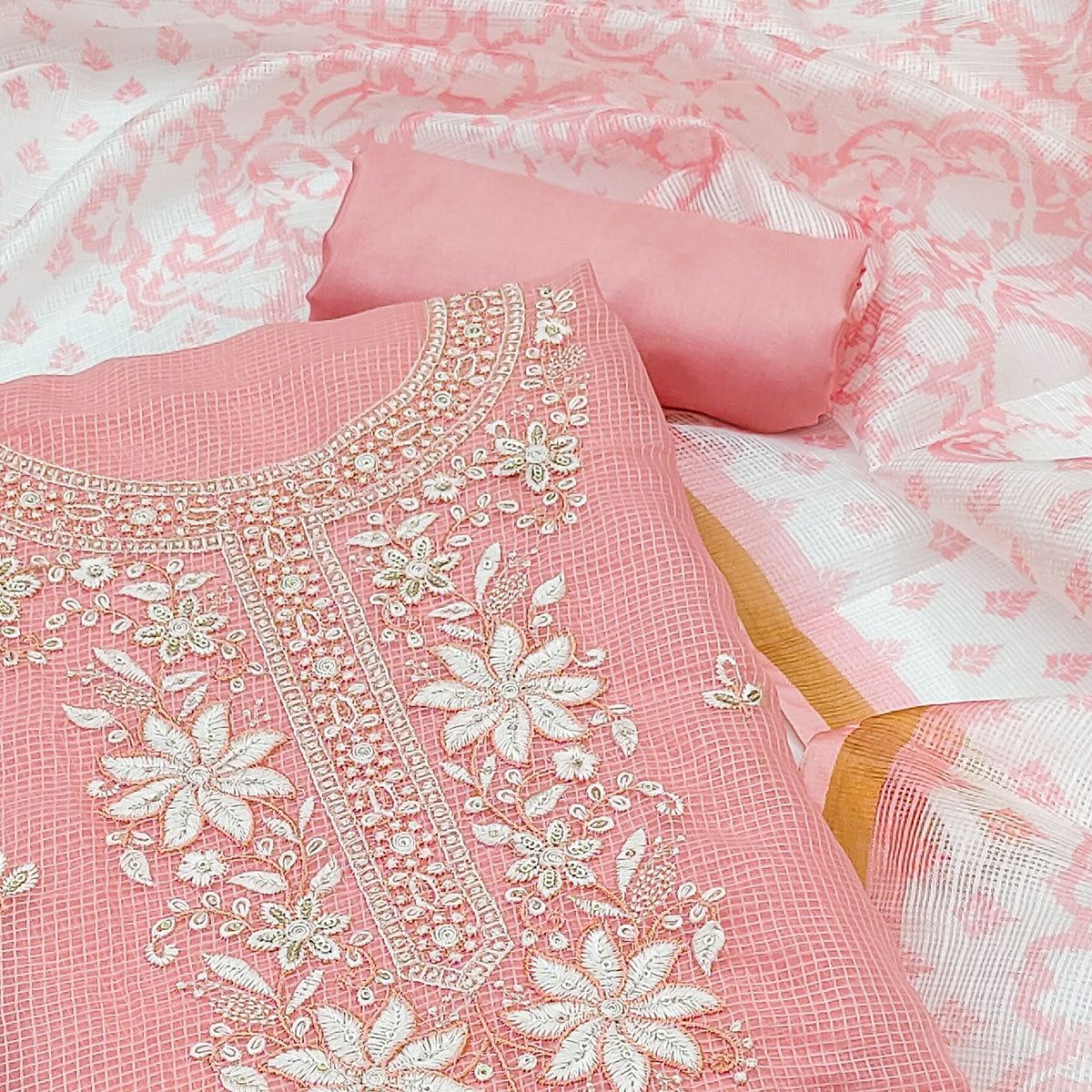 Peach Floral Embroidered Kota Doria Dress Material