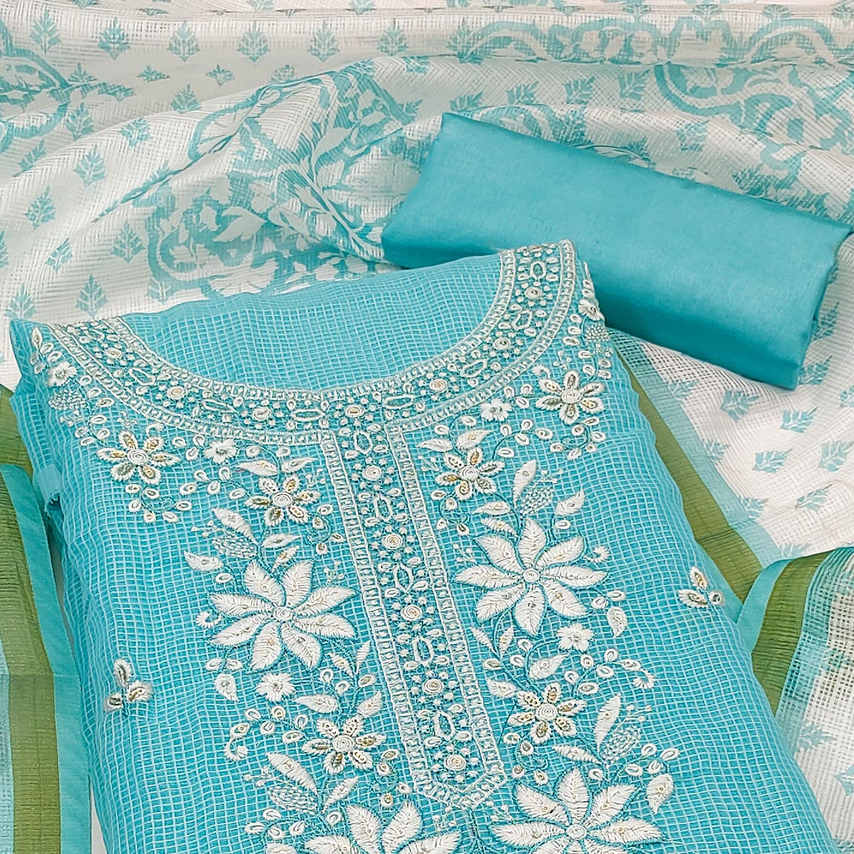 Turquoise Floral Embroidered Kota Doria Dress Material