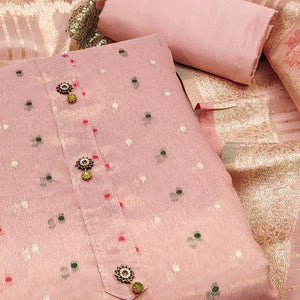 Peach Zari Weaving Banarasi Silk Dress Material