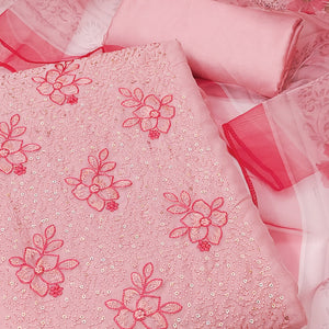 Pink Floral Embroidered Organza Dress Material