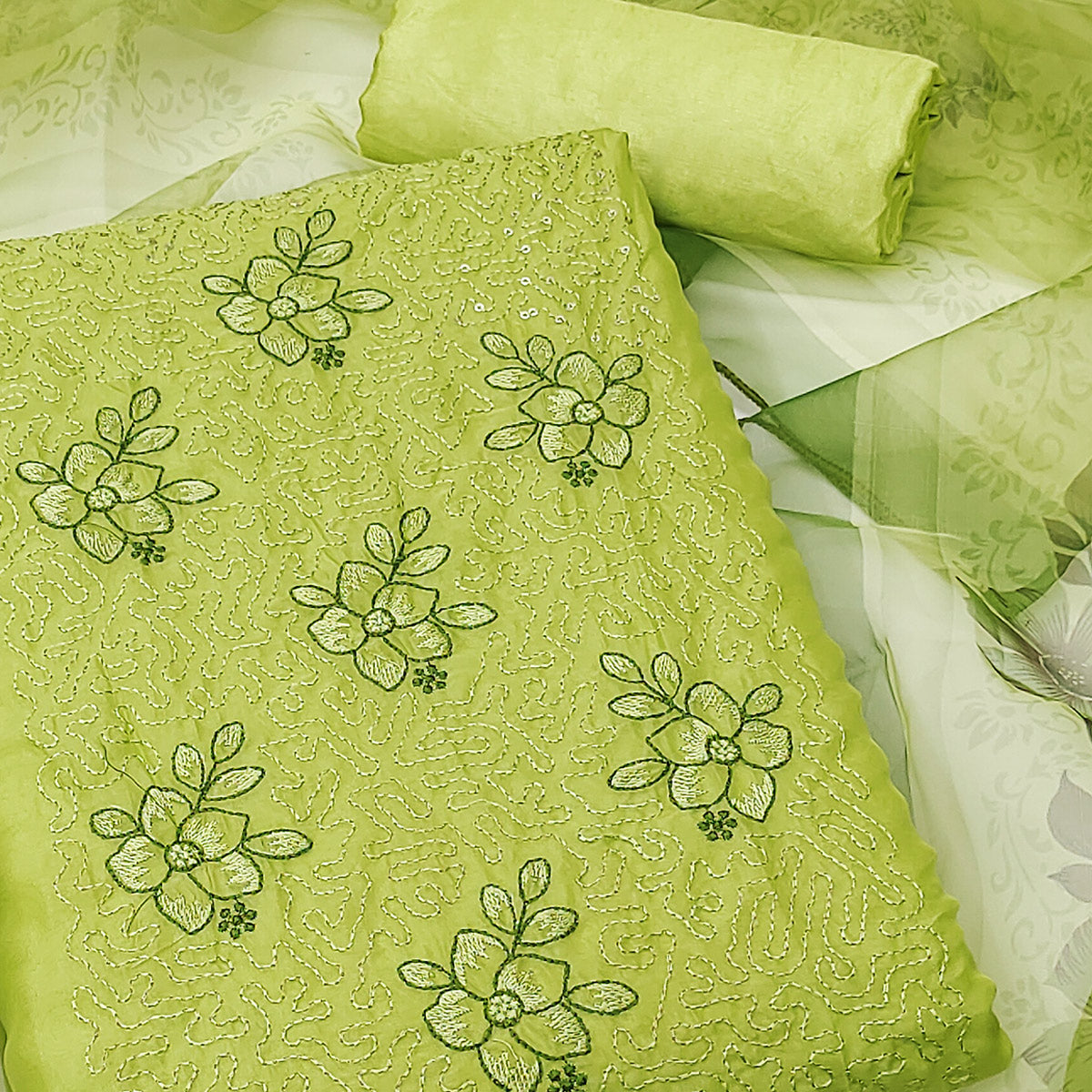 Green Floral Embroidered Organza Dress Material