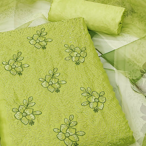 Green Floral Embroidered Organza Dress Material