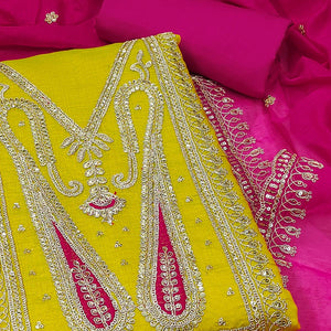 Mustard Paisley Embroidered Chanderi Dress Material