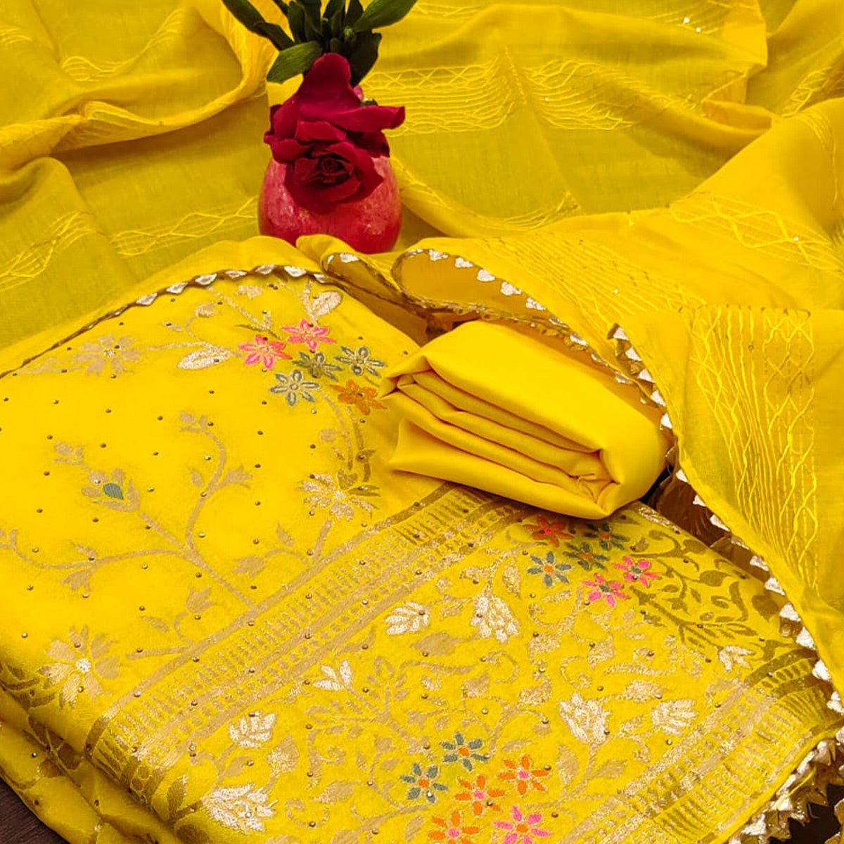 Dark Yellow Floral Zari Weaving Banarasi Silk Dress Material