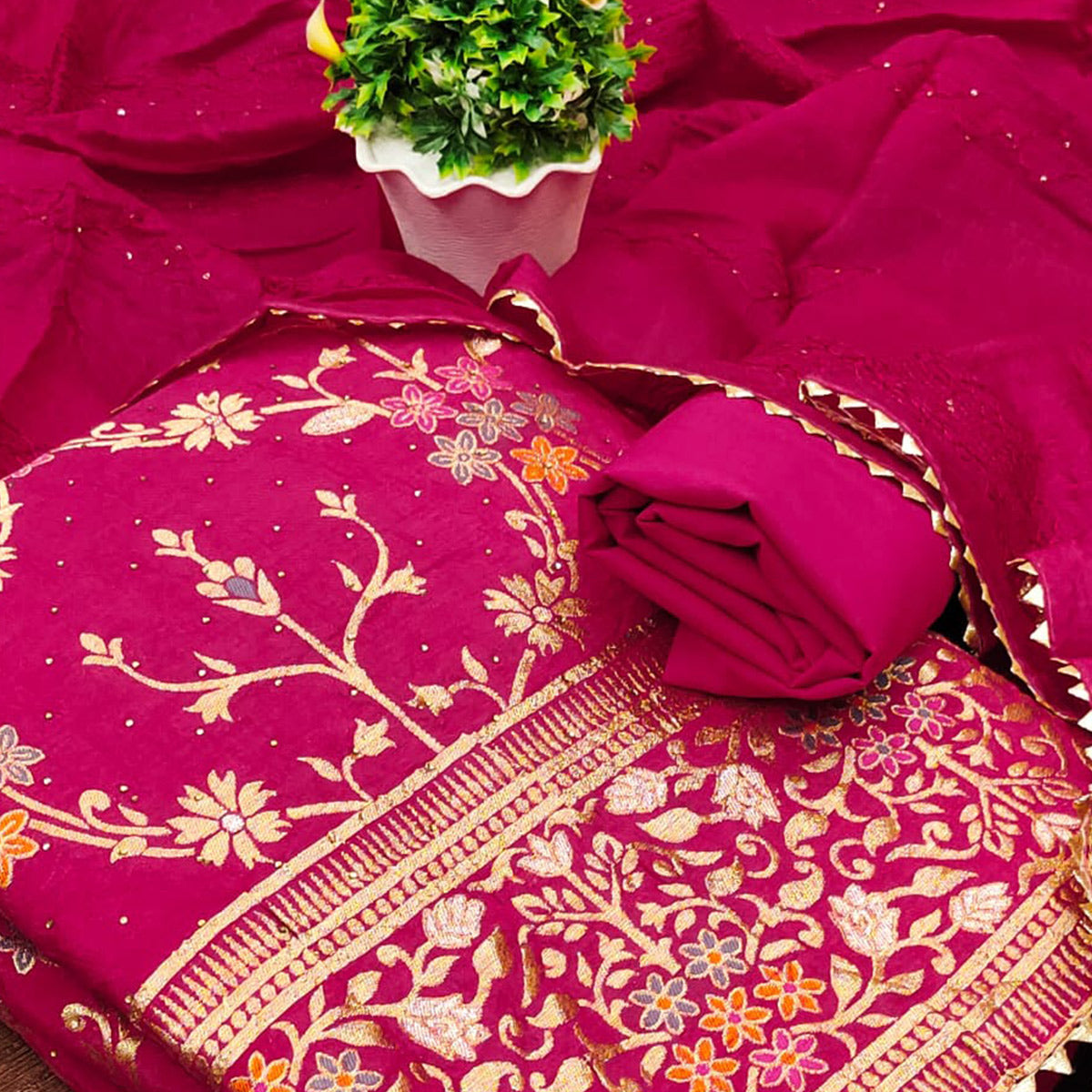 Hot Pink Floral Zari Weaving Banarasi Silk Dress Material