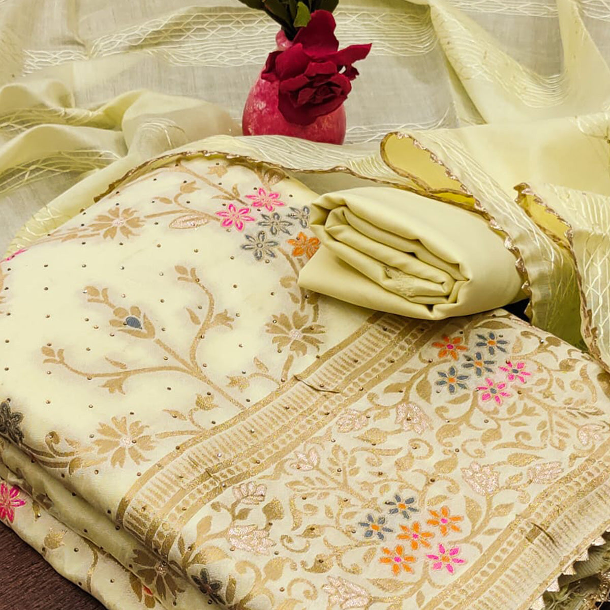 Light Yellow Floral Zari Weaving Banarasi Silk Dress Material