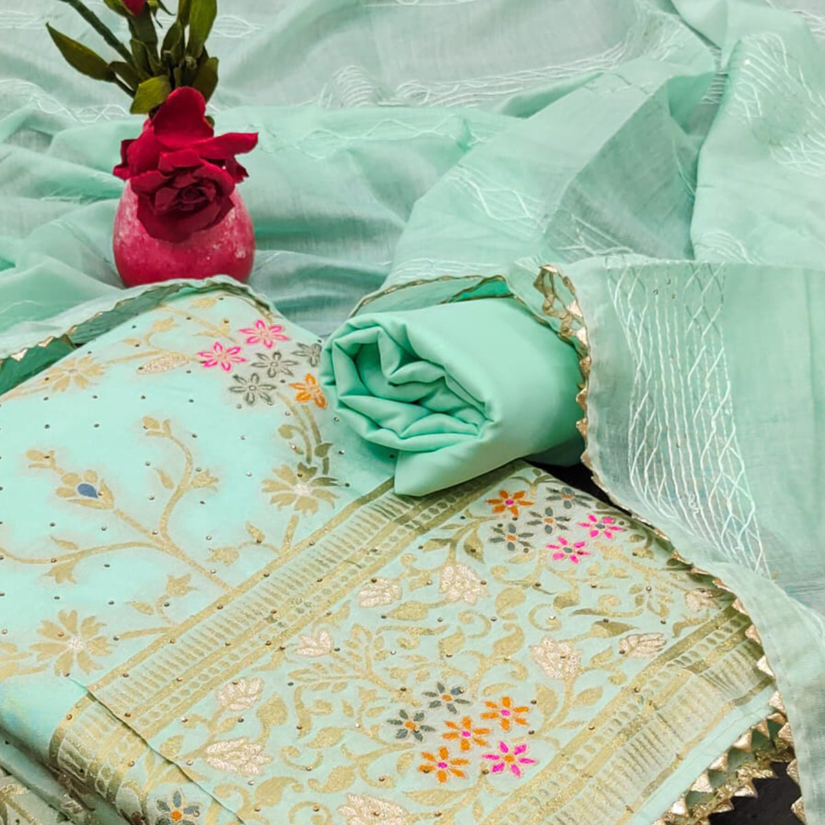 Sea Green Floral Zari Weaving Banarasi Silk Dress Material