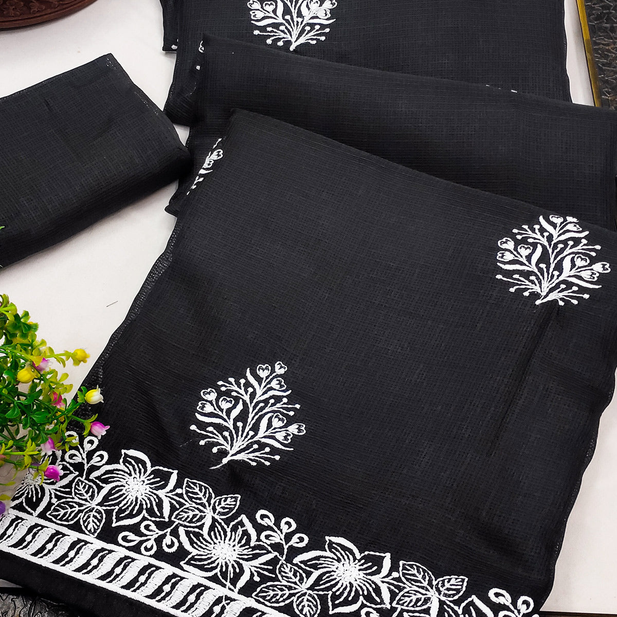 Black Floral Embroidered Kota Doria Saree