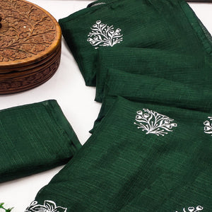 Elegant Dark Green Kota Doria Saree with Intricate Floral Embroidery Detailing