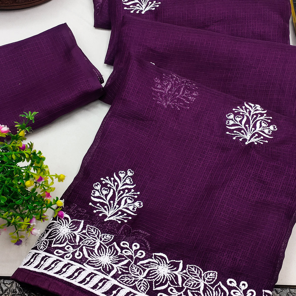 Dark Purple Floral Embroidered Kota Doria Saree