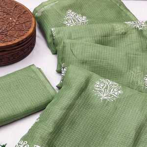 Elegant Ligth Green Kota Doria Saree with Intricate Floral Embroidery Detailing