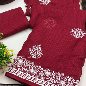 Maroon Floral Embroidered Kota Doria Saree