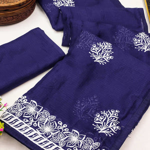 Elegant Navy Blue Kota Doria Saree with Intricate Floral Embroidery Detailing