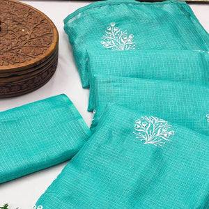Elegant Turquoise Kota Doria Saree with Intricate Floral Embroidery Detailing