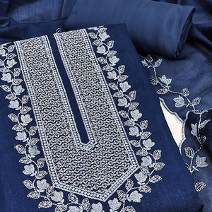 Blue Embroidered Vichitra Silk Dress Material
