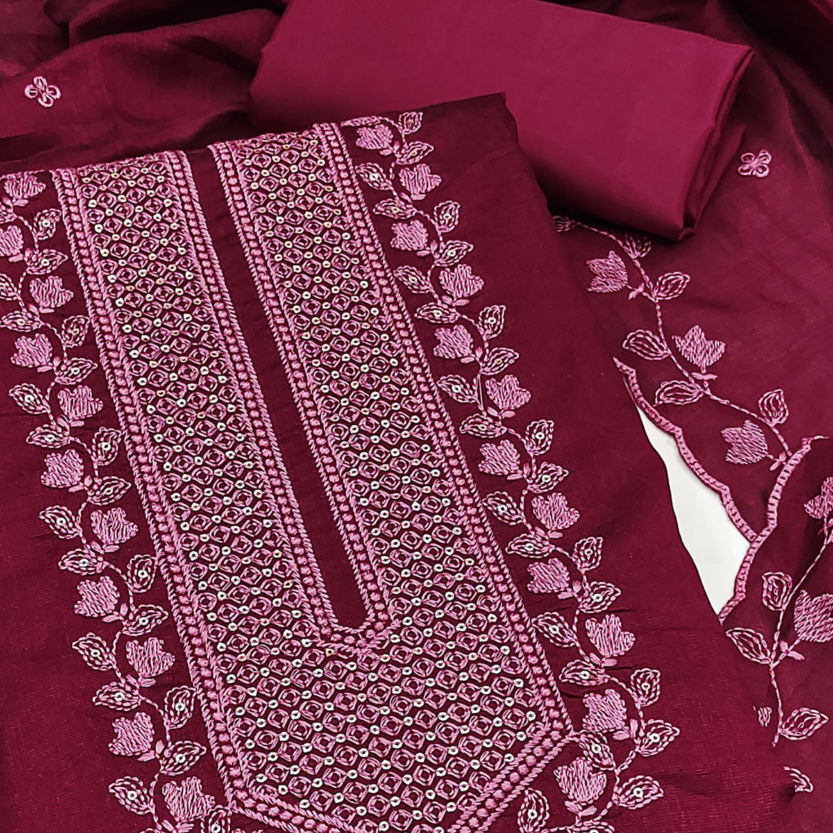 Dark Pink Embroidered Vichitra Silk Dress Material