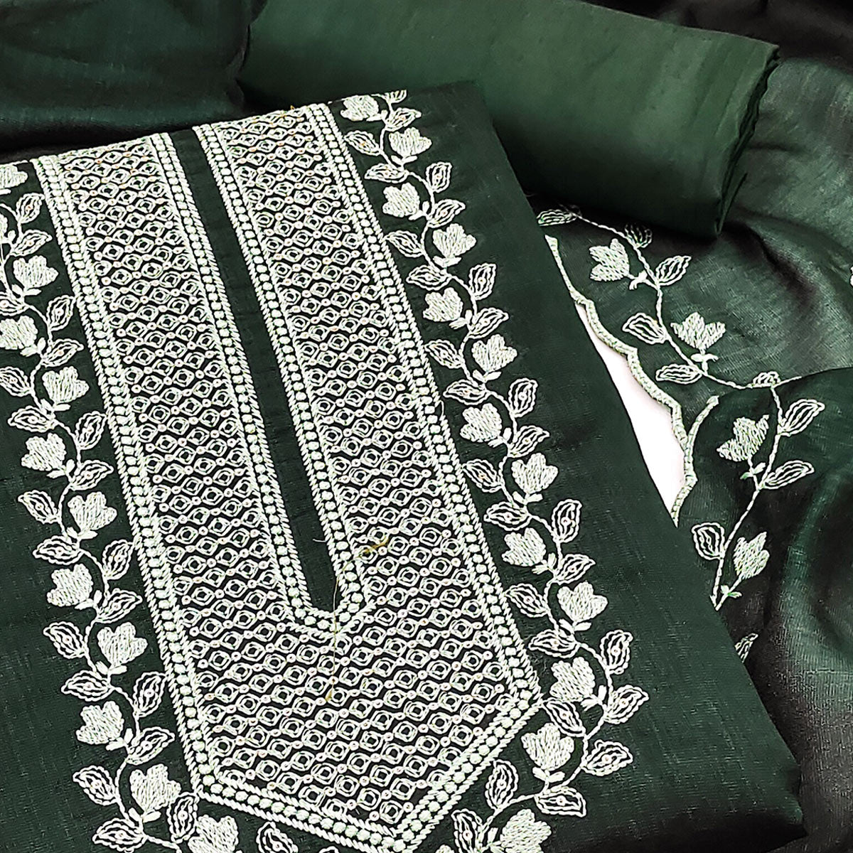 Green Embroidered Vichitra Silk Dress Material