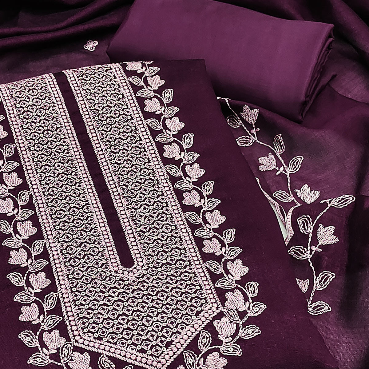 Purple Embroidered Vichitra Silk Dress Material