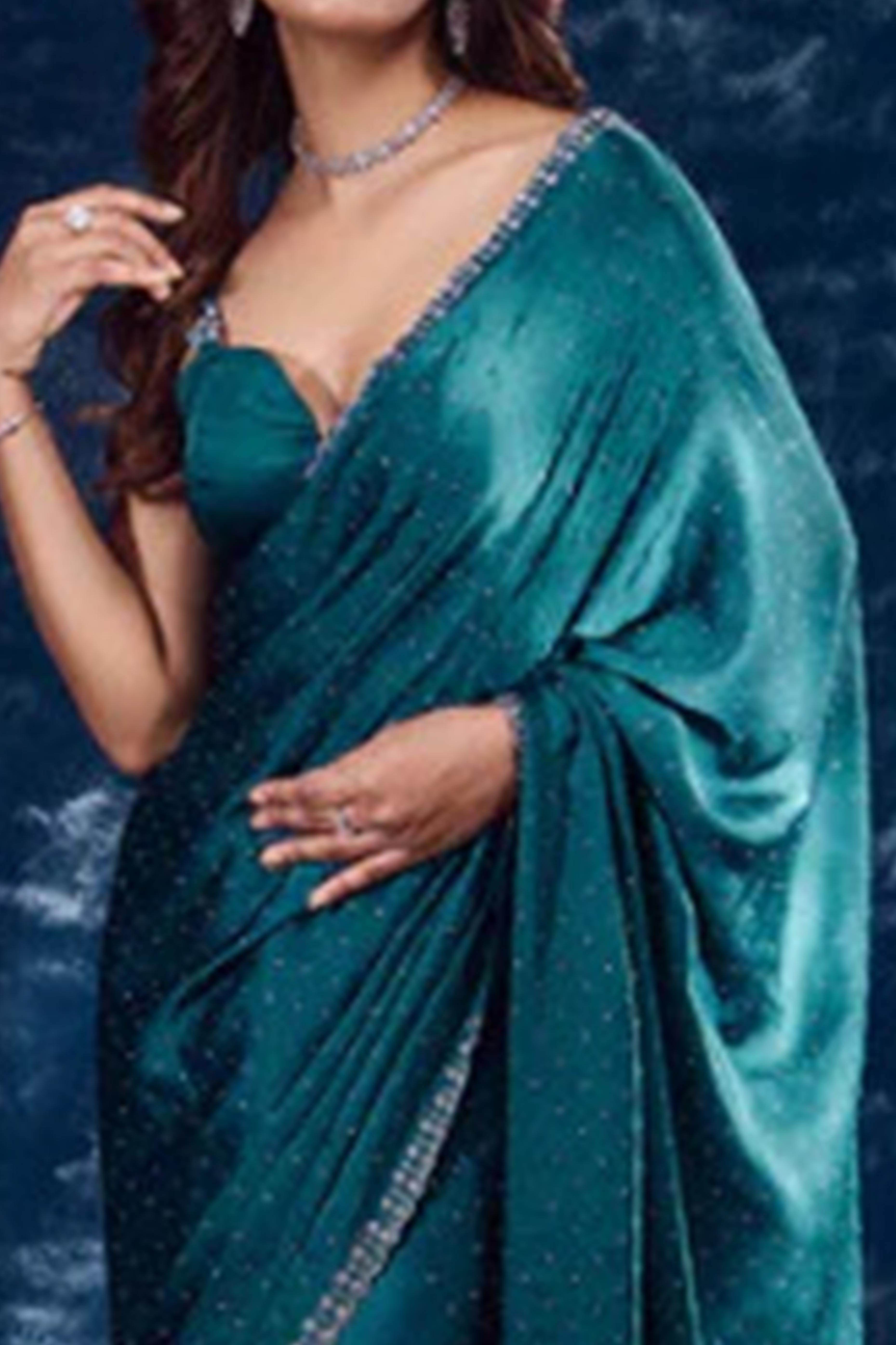 Teal Swarovski Work Embellished Satin Saree
