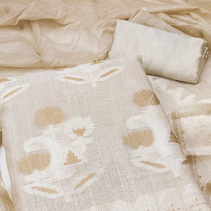 Cream Floral Woven Banarasi Silk Dress Material