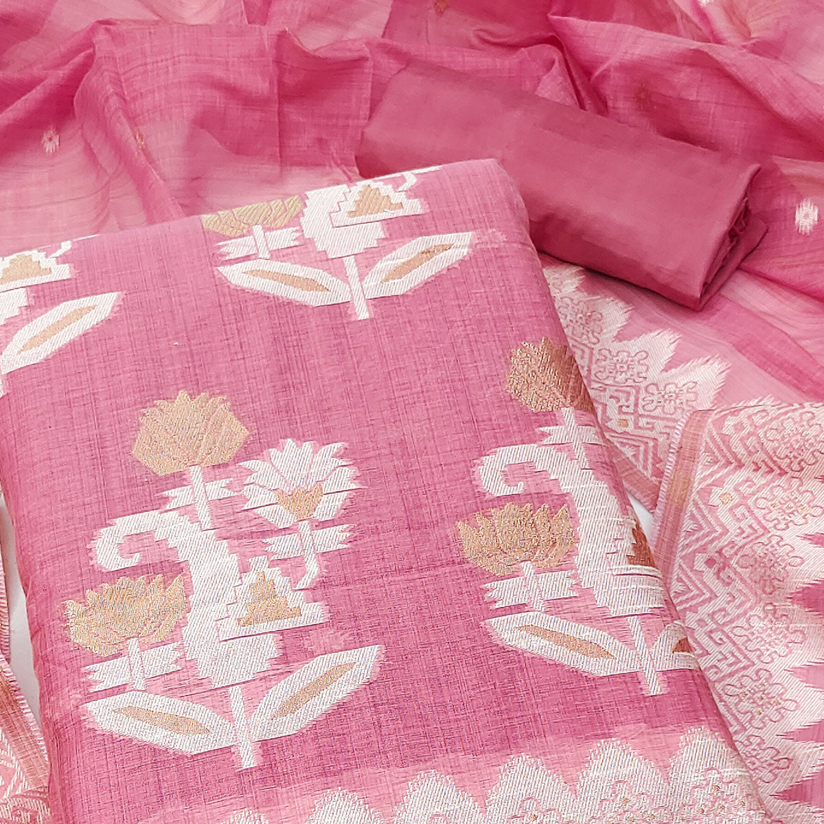 Pink Floral Woven Banarasi Silk Dress Material