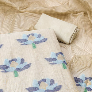 Cream & Blue Floral Woven Banarasi Silk Dress Material