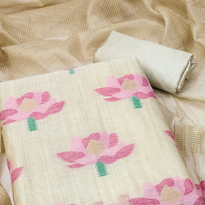 Cream & Pink Floral Woven Banarasi Silk Dress Material
