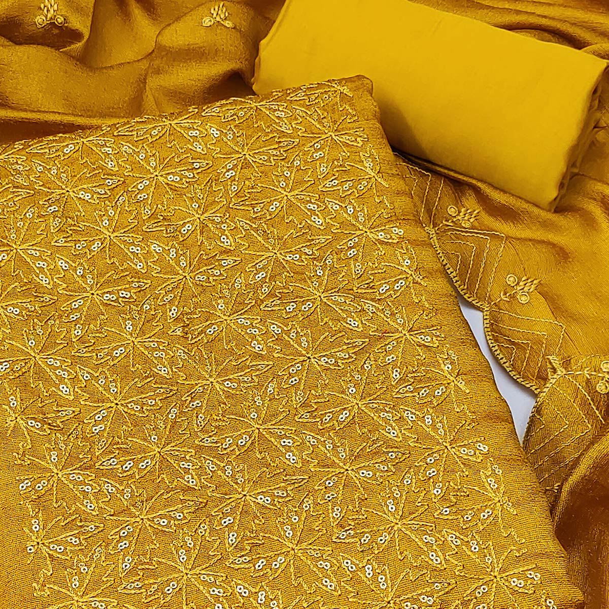 Mustard Sequins Embroidered Vichitra Silk Dress Material