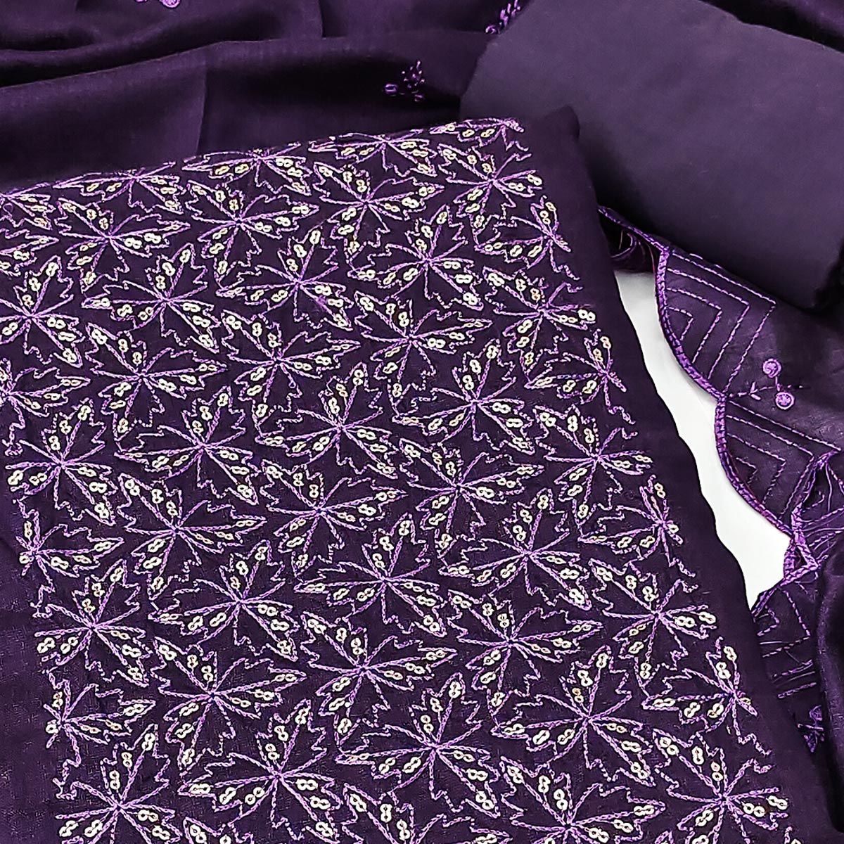 Purple Sequins Embroidered Vichitra Silk Dress Material