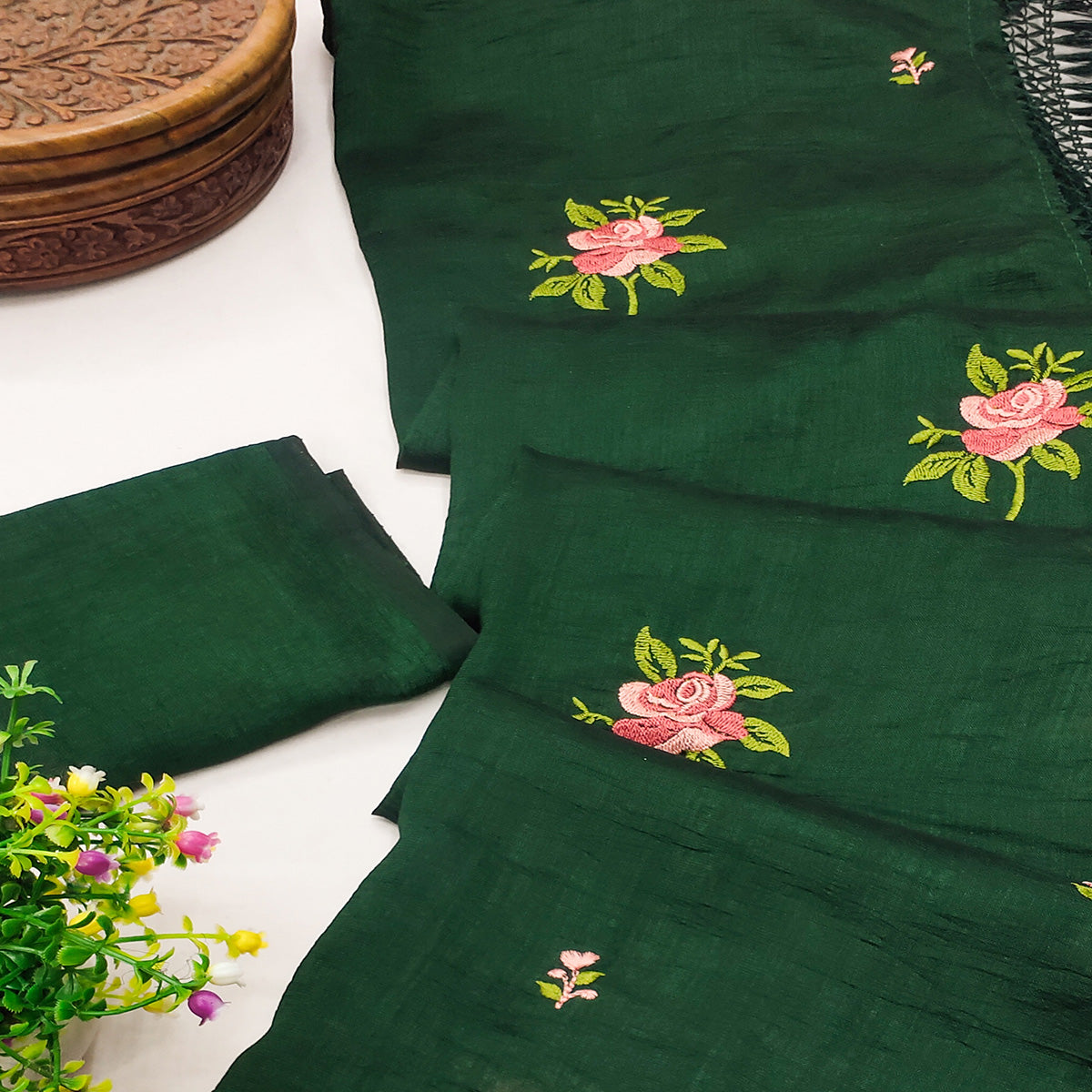 Green Floral Embroidered Vichitra Silk Saree With Tassels