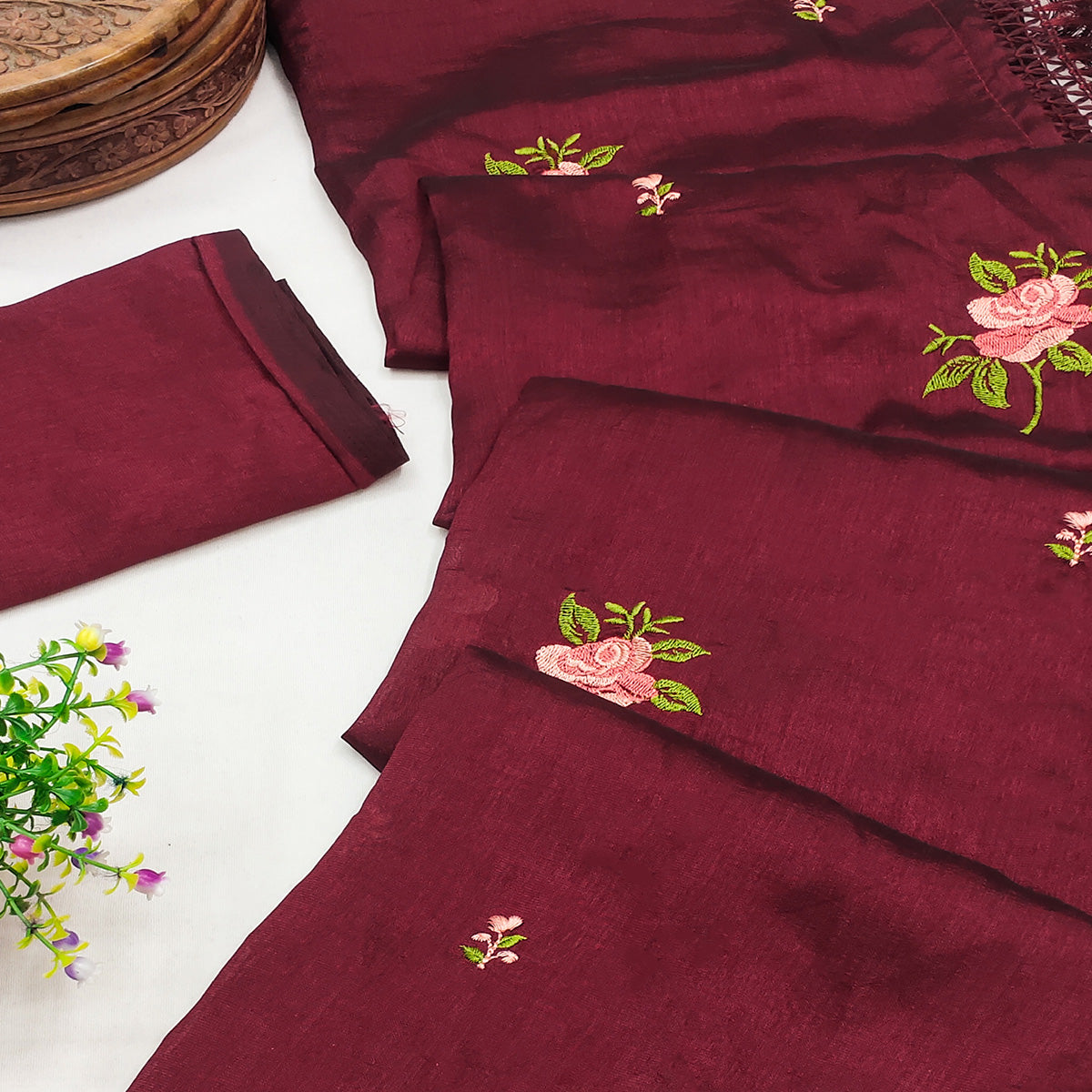 Maroon Floral Embroidered Vichitra Silk Saree With Tassels