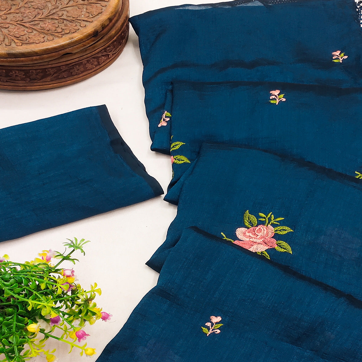 Morpich Blue Floral Embroidered Vichitra Silk Saree With Tassels