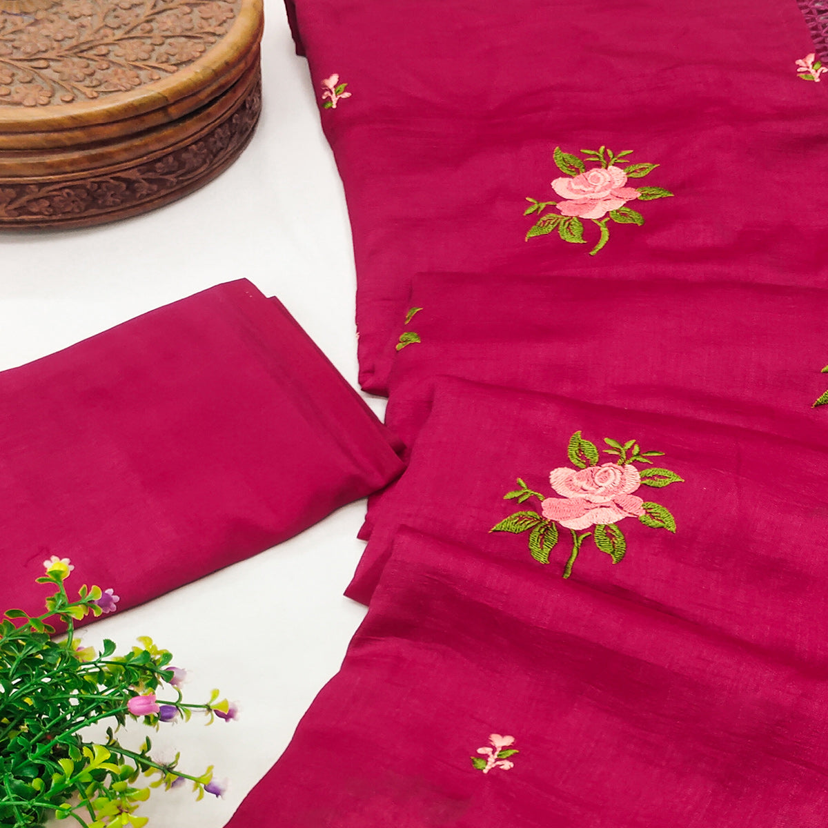 Pink Floral Embroidered Vichitra Silk Saree  With Tassels