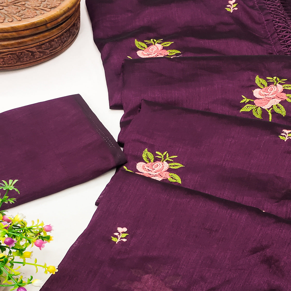 Purple Floral Embroidered Vichitra Silk Saree With Tassels