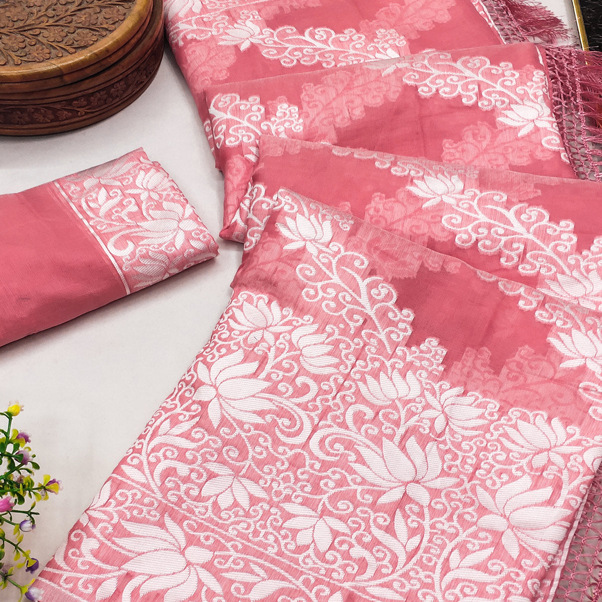 Gajari Pink Floral Woven Banarasi Silk Saree With Tassels