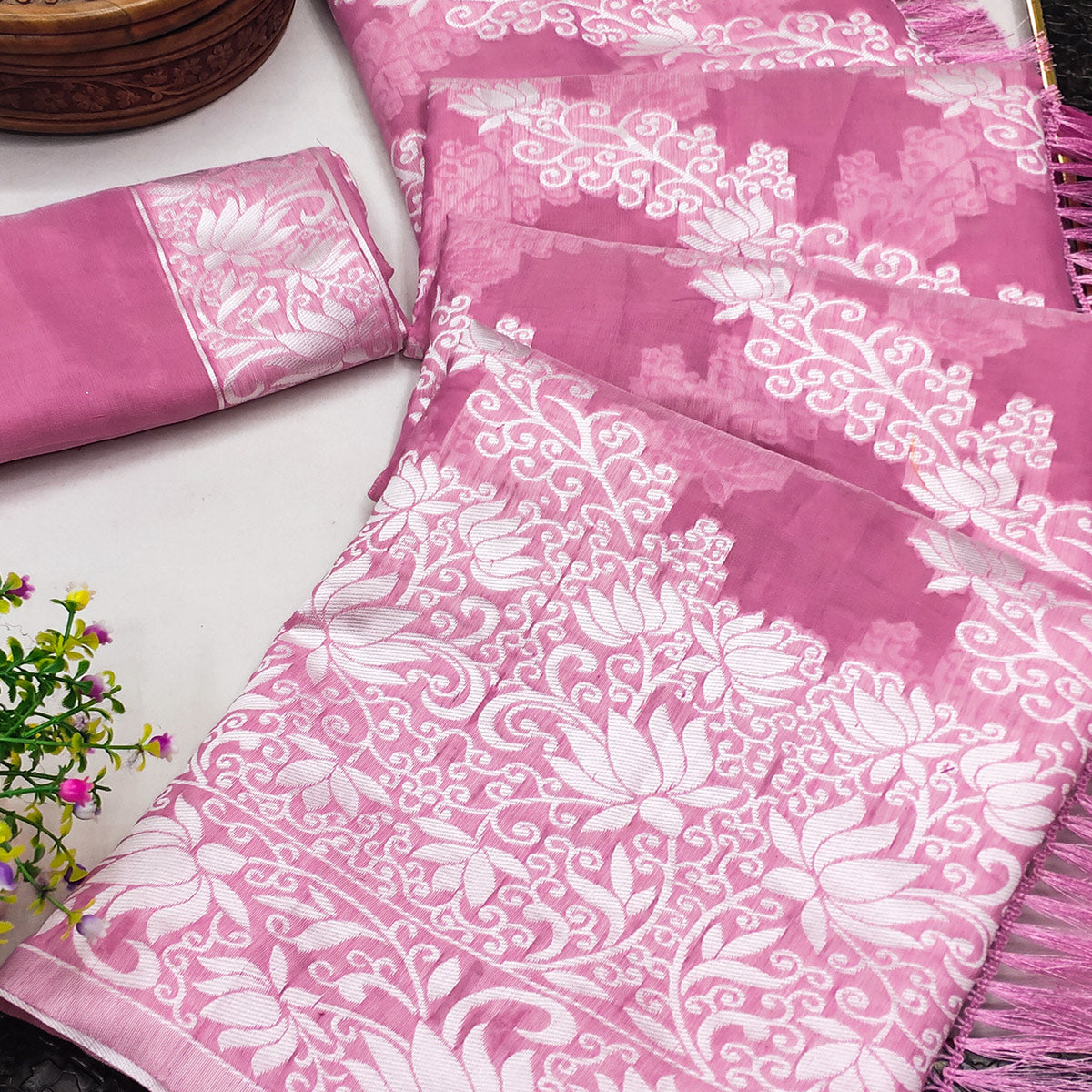 Onion Pink Floral Woven Banarasi Silk Saree With Tassels