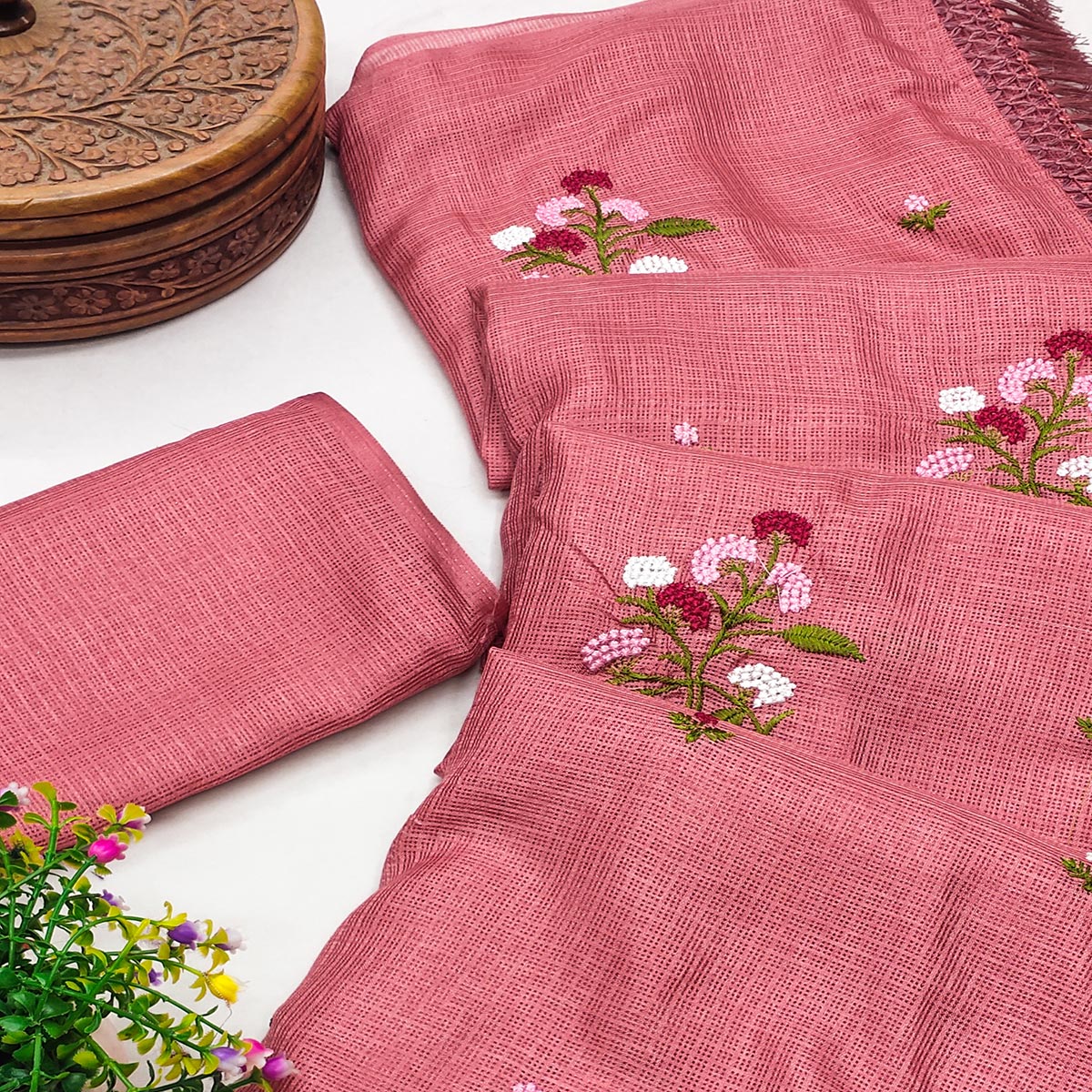 Peach Floral Embroidered Kota Doria Saree With Tassels