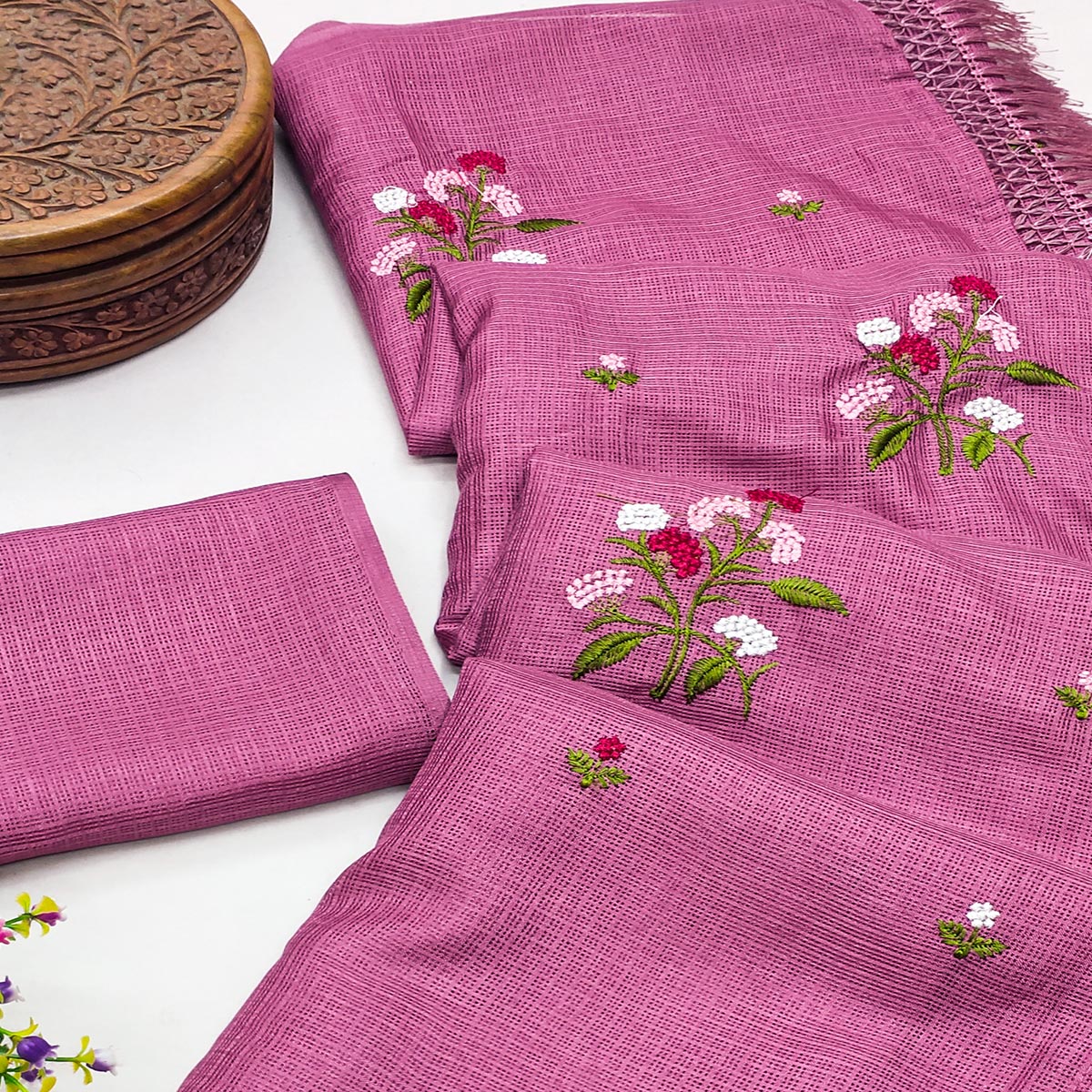 Pink Floral Embroidered Kota Doria Saree With Tassels