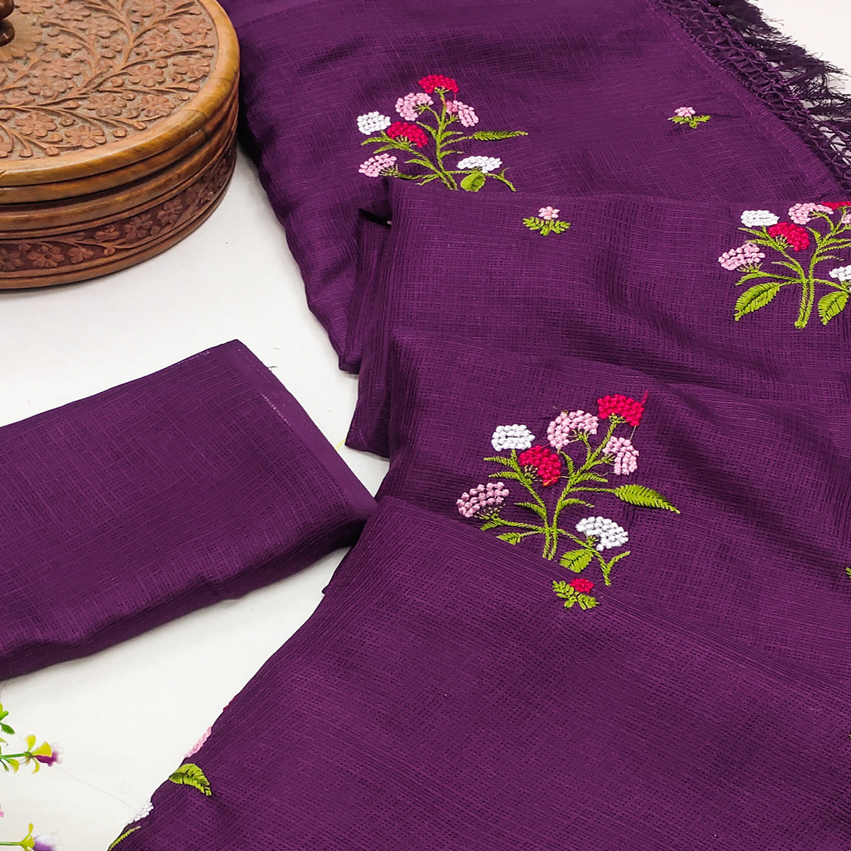 Purple Floral Embroidered Kota Doria Saree With Tassels